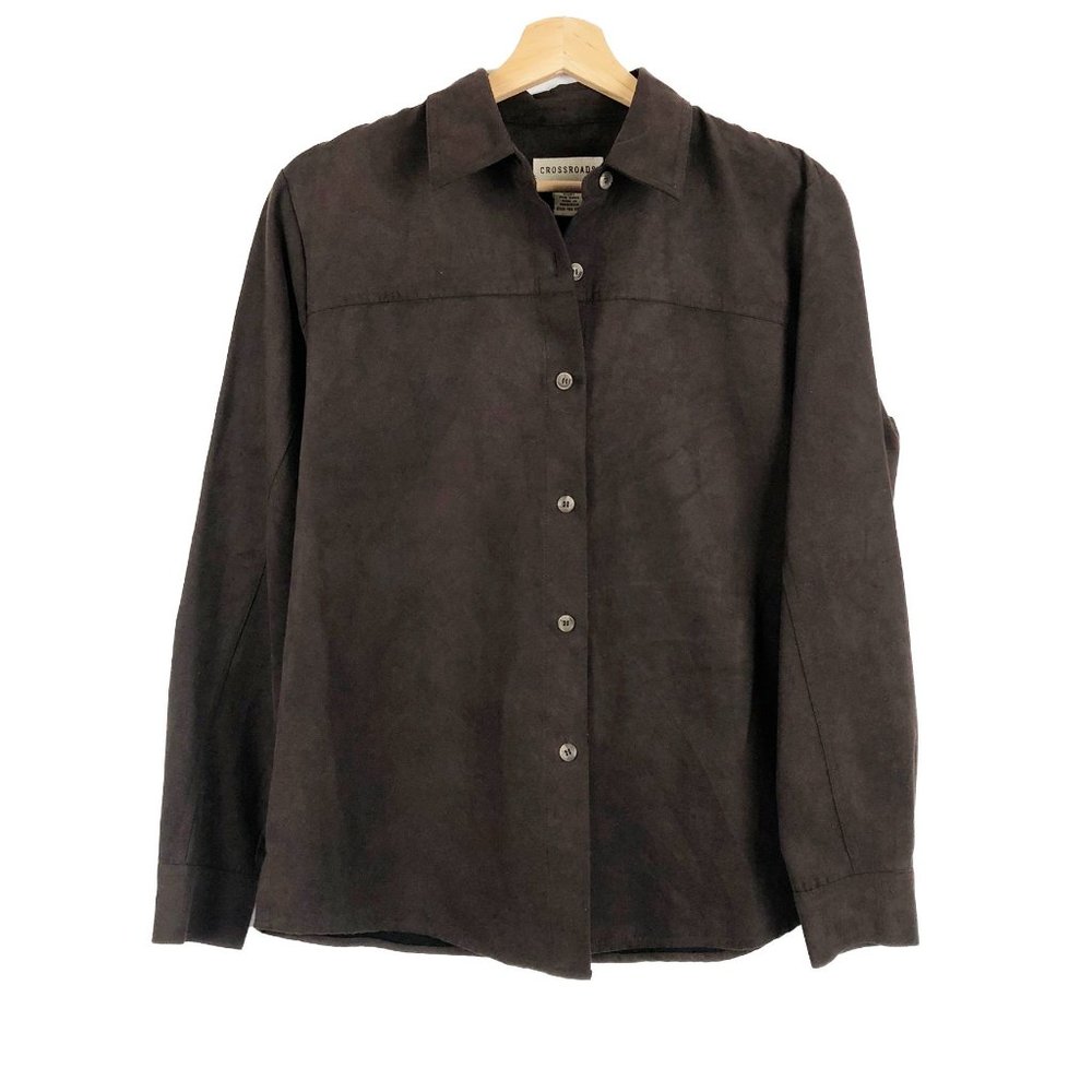 Crossroads Brown Faux Suede Western Boxy Button Down Long Sleeve Shirt Jacket 8
